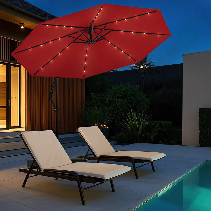 10 Feet Solar Offset Hanging Umbrella with Base and 32 LED Lights-Wine by DirectDeals