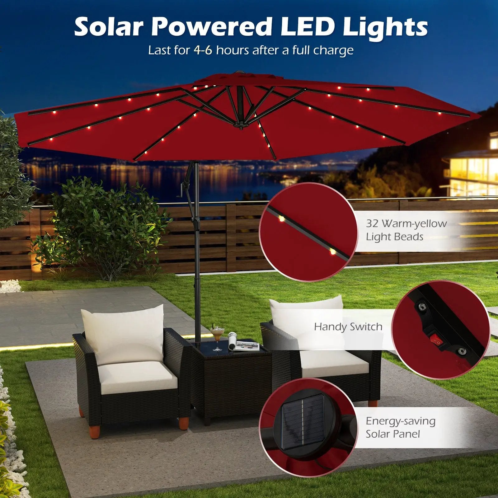 10 Feet Solar Offset Hanging Umbrella with Base and 32 LED Lights-Wine by DirectDeals
