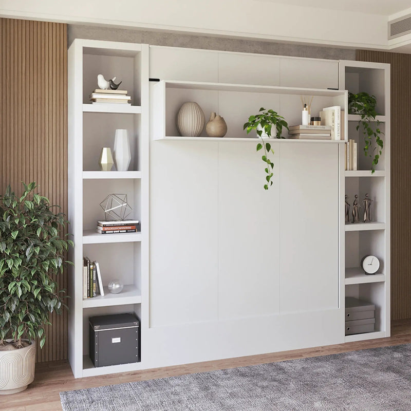 Easy-Lift Queen Murphy Wall Bed in White with Two Bookshelves by Sharicks
