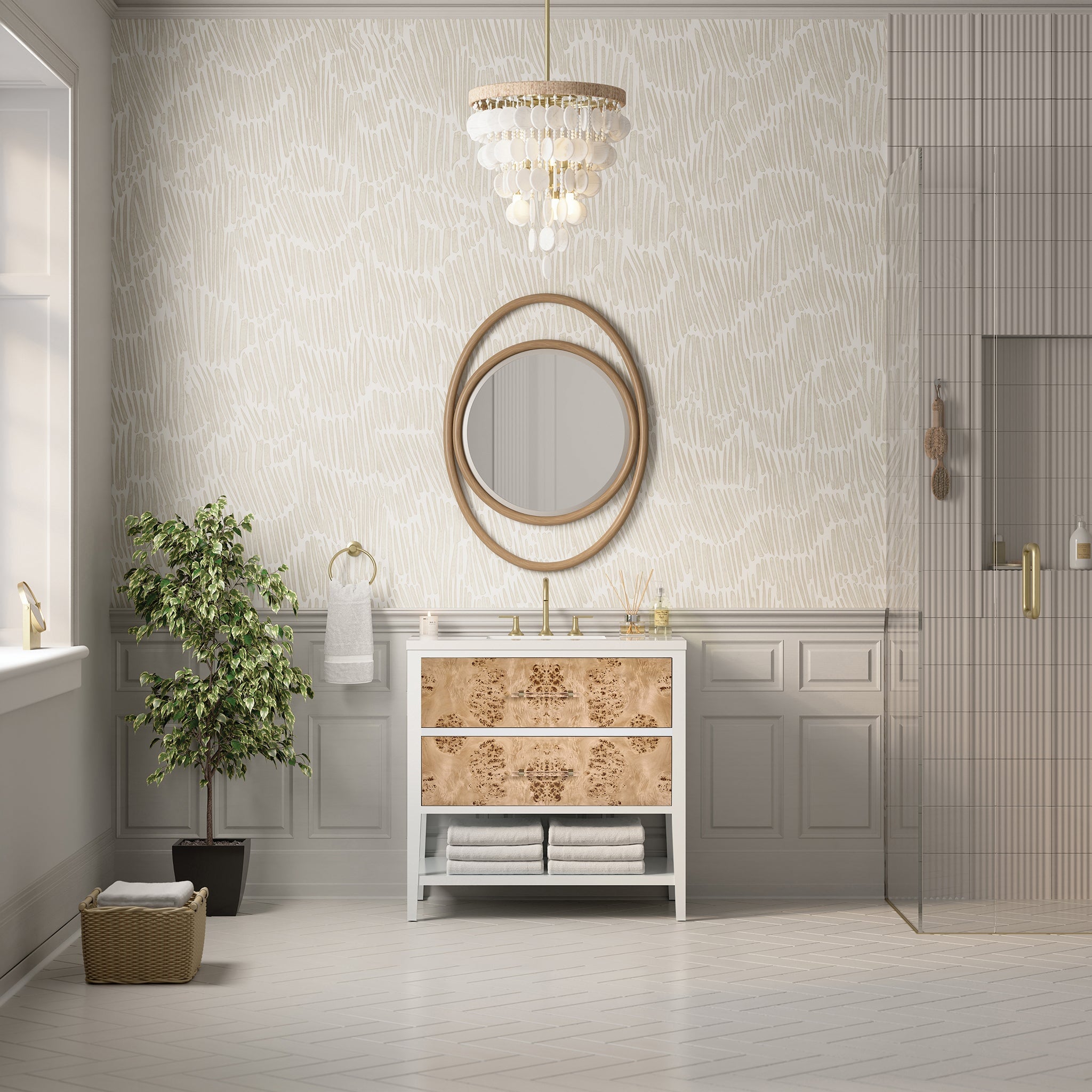 James Martin Olena 36" Single Bathroom Vanity, Polished White and Light Mappa Burl, cabinet without a countertop