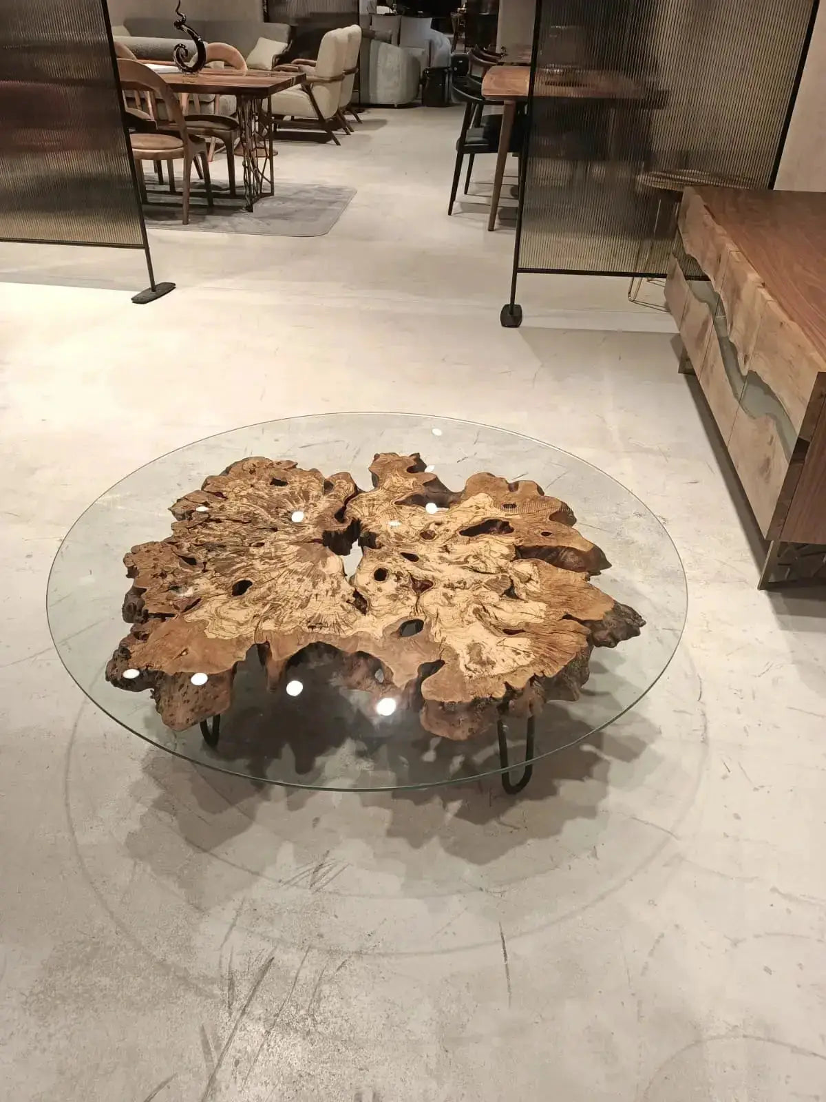 Olive Wood Rustic Coffee Table Featured Glass On Top, photo 6 of 7