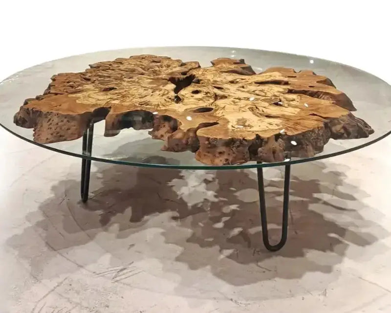 Olive Wood Rustic Coffee Table Featured Glass On Top by Gizz
