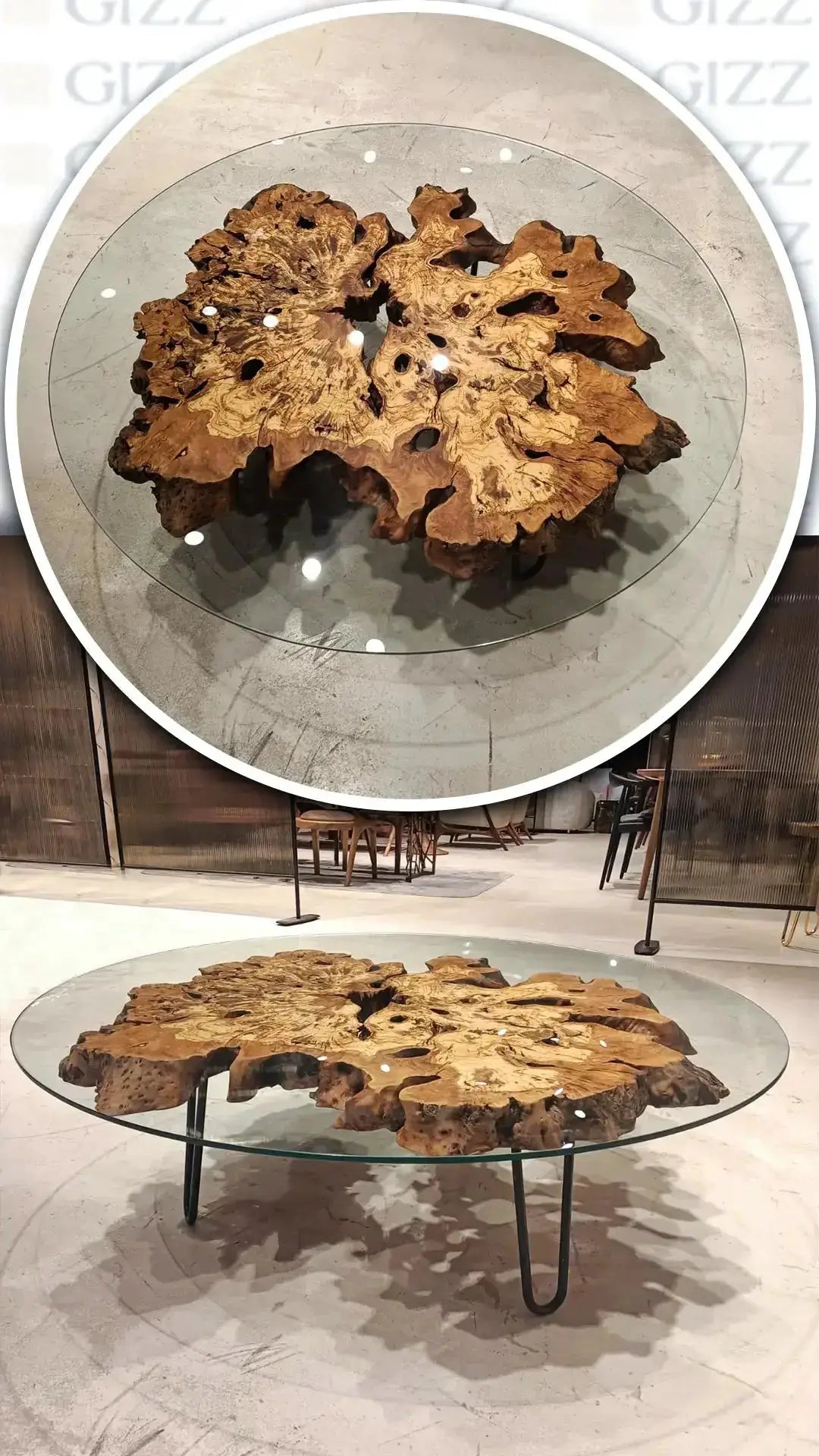 Olive Wood Rustic Coffee Table Featured Glass On Top, photo 2 of 7
