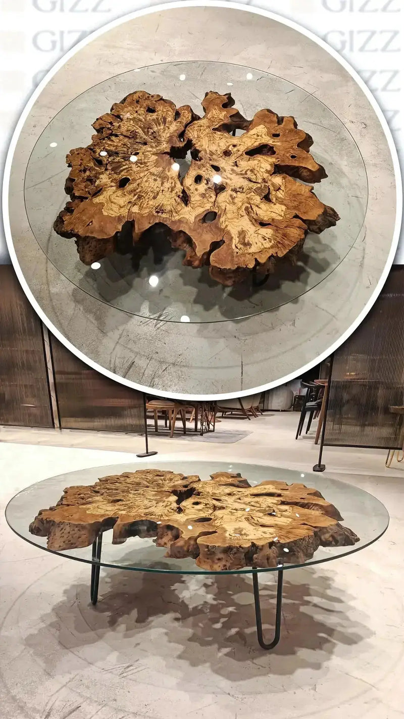 Olive Wood Rustic Coffee Table Featured Glass On Top by Gizz