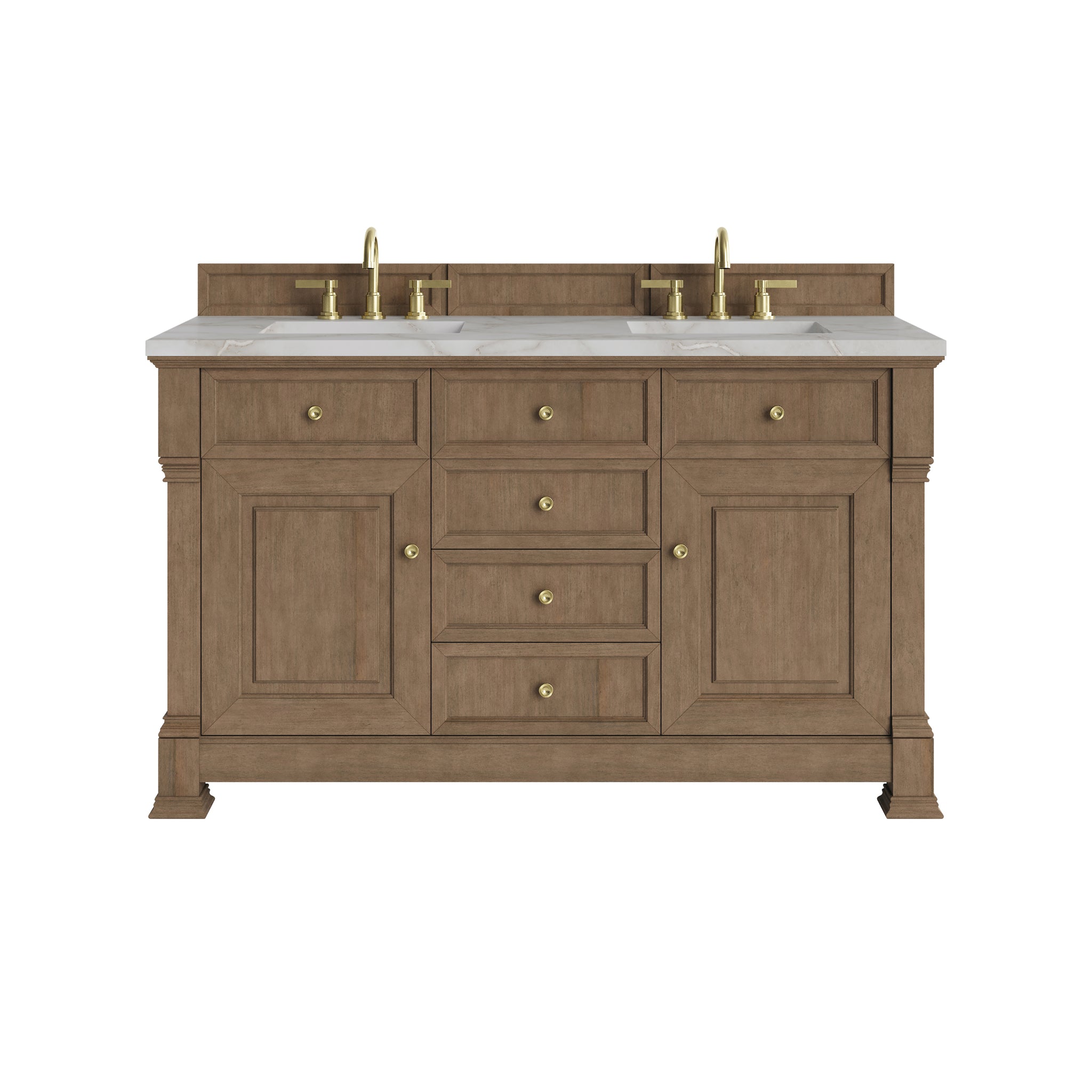 James Martin Brookfield 60" Double Bathroom Vanity, Pecan with Victorian Silver countertop
