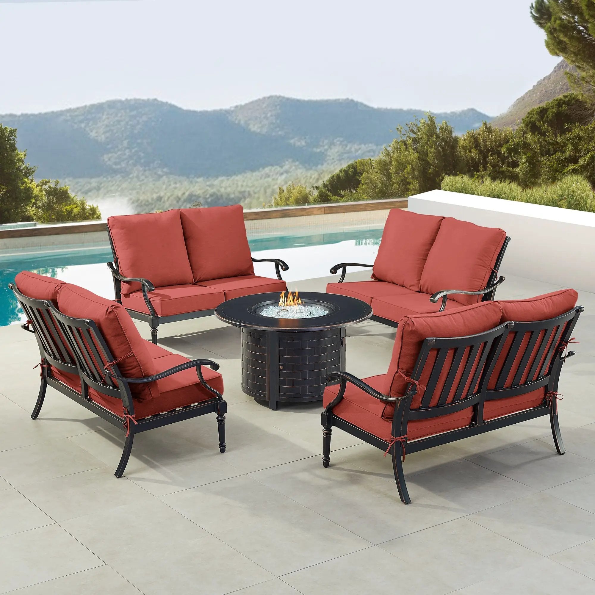 Black Aluminum Fire Table Set with Four Deep Seating Loveseats by Sharicks