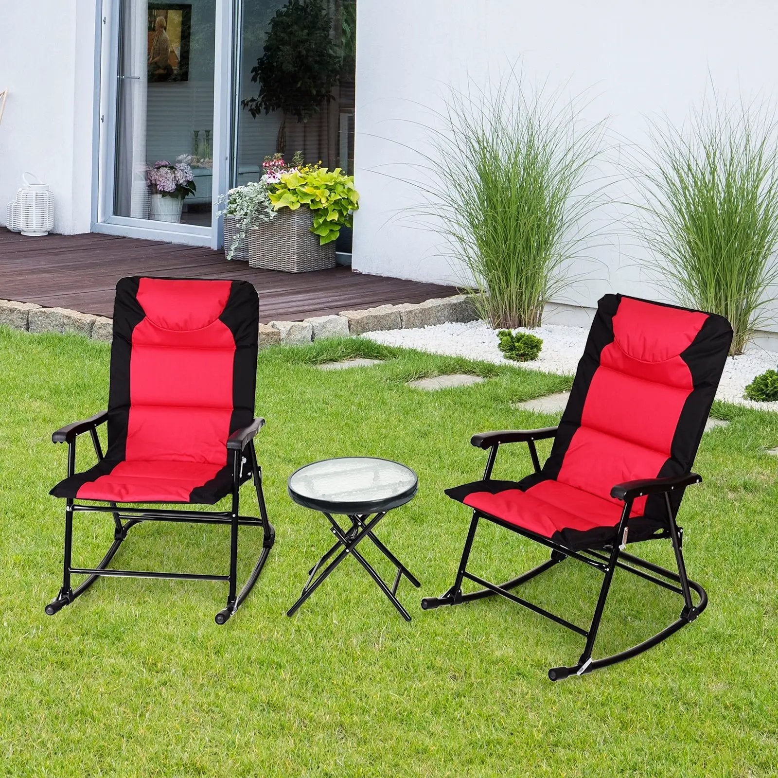 3 Pcs Outdoor Folding Rocking Chair Table Set with Cushion by DirectDeals
