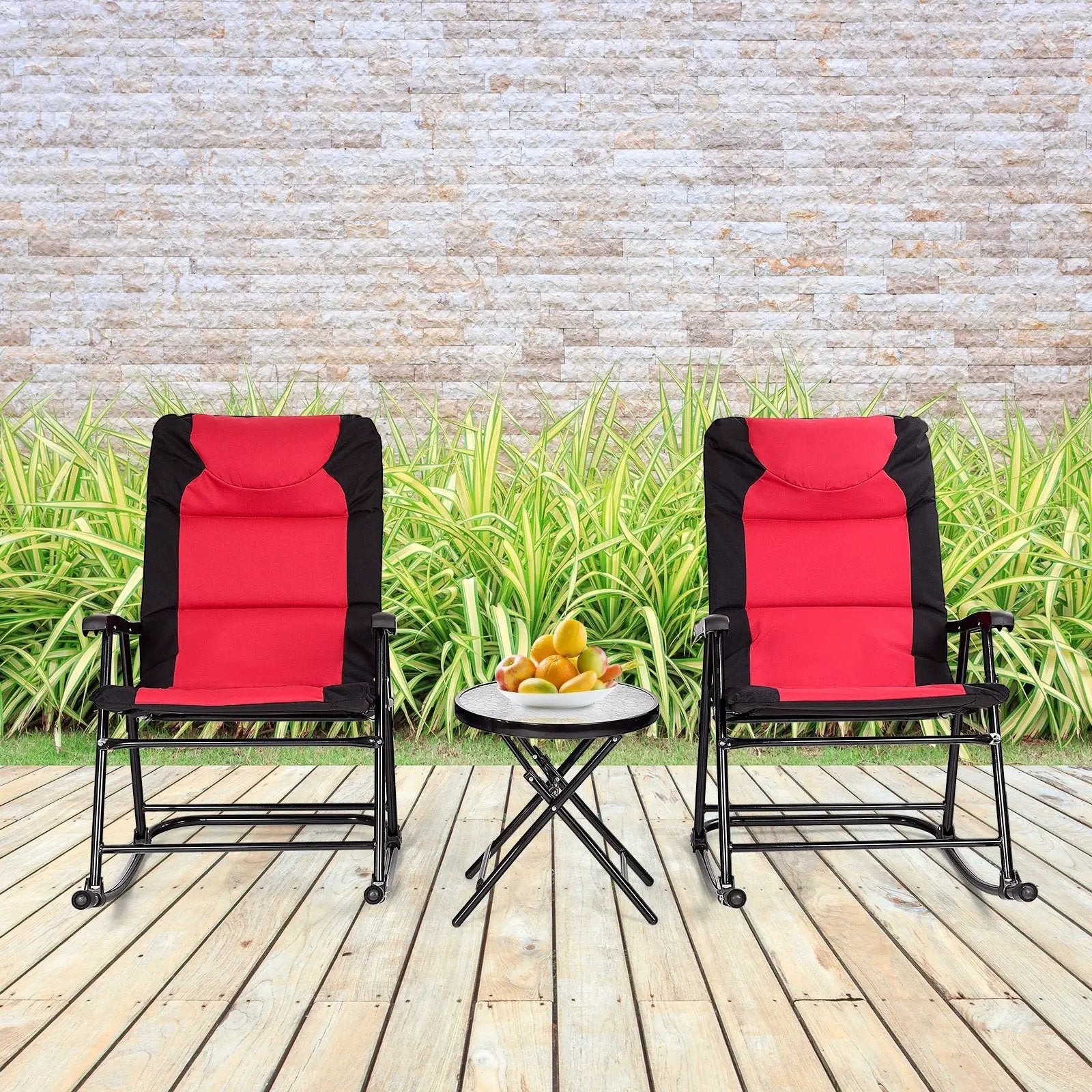 3 Pcs Outdoor Folding Rocking Chair Table Set with Cushion by DirectDeals