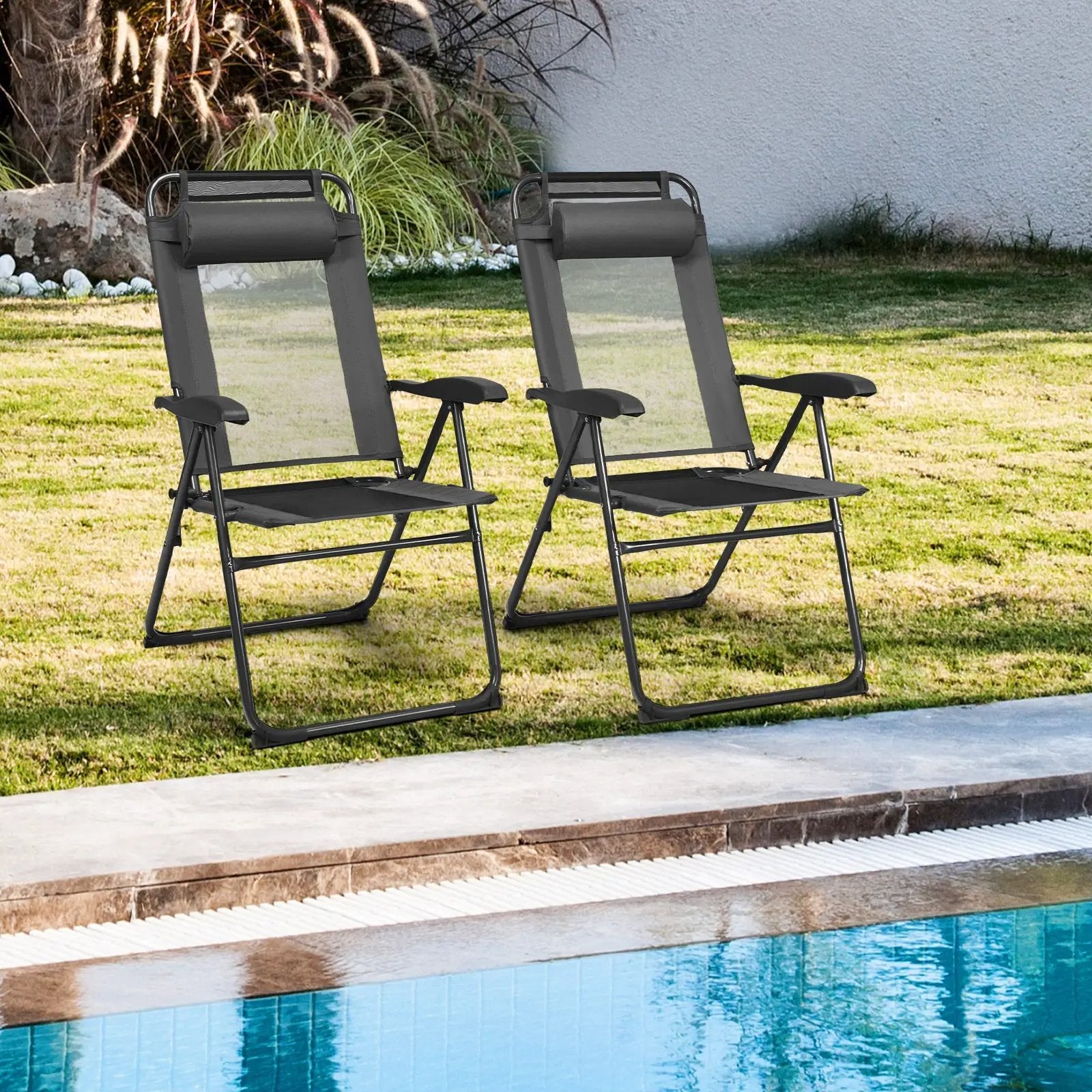 2 Pieces Patio Adjustable Folding Recliner Chairs with 7 Level Adjustable Backrest by DirectDeals