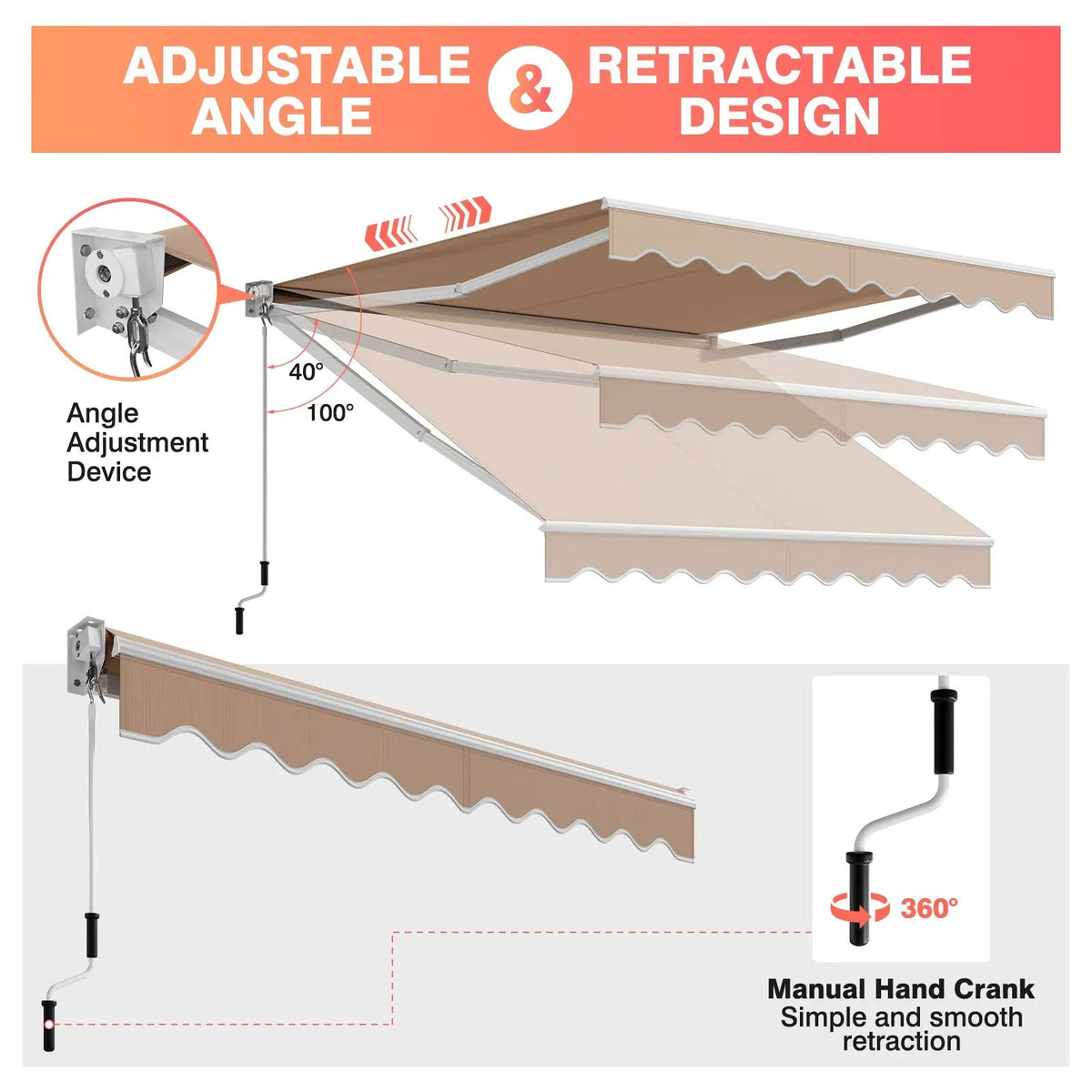 8 x 6.6 Feet Patio Retractable Awning with Manual Crank Handle, photo 15 of 16