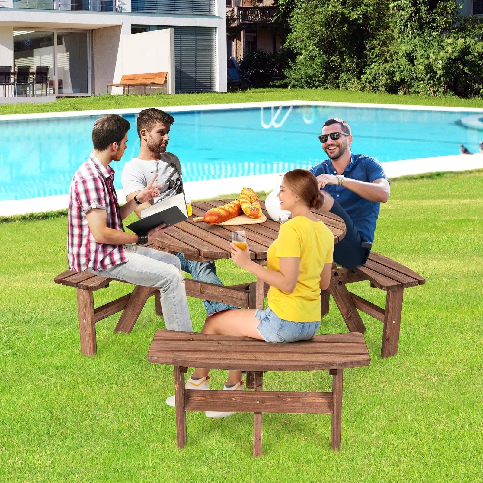 6 Person Wooden Picnic Table Set with Bench and Umbrella Hold by DirectDeals
