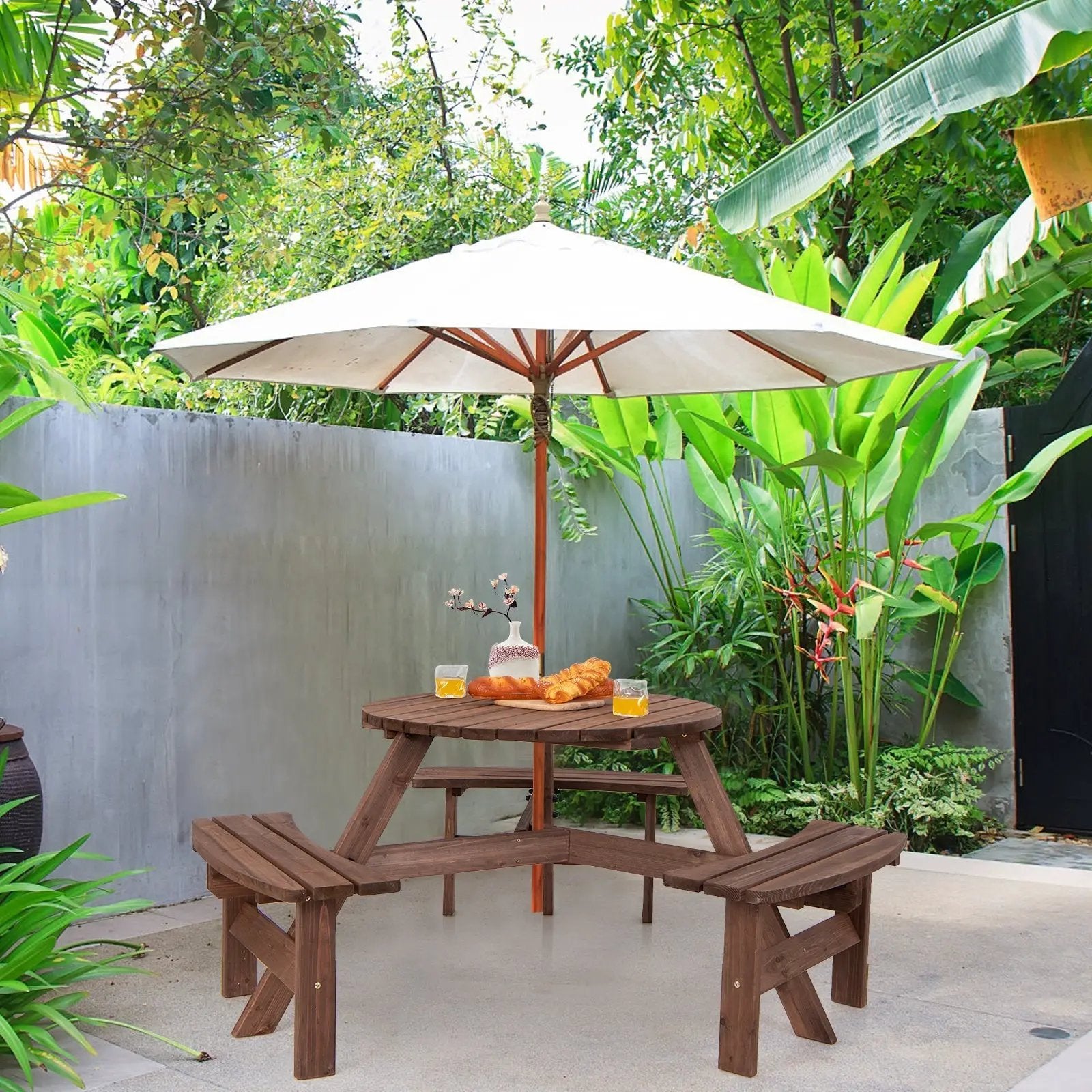 6 Person Wooden Picnic Table Set with Bench and Umbrella Hold by DirectDeals