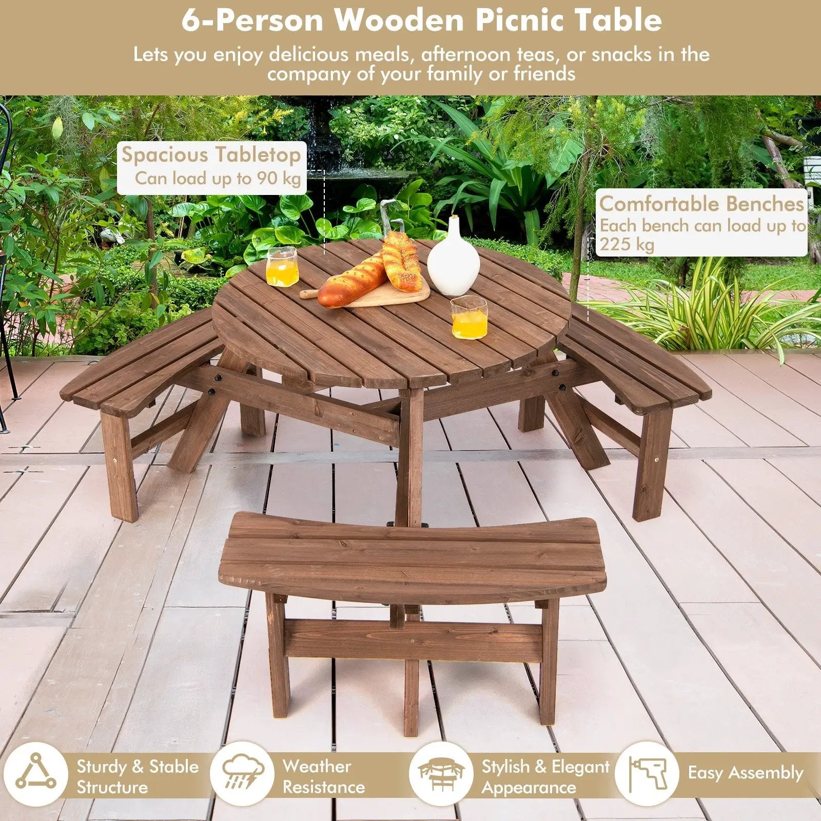 6 Person Wooden Picnic Table Set with Bench and Umbrella Hold by DirectDeals