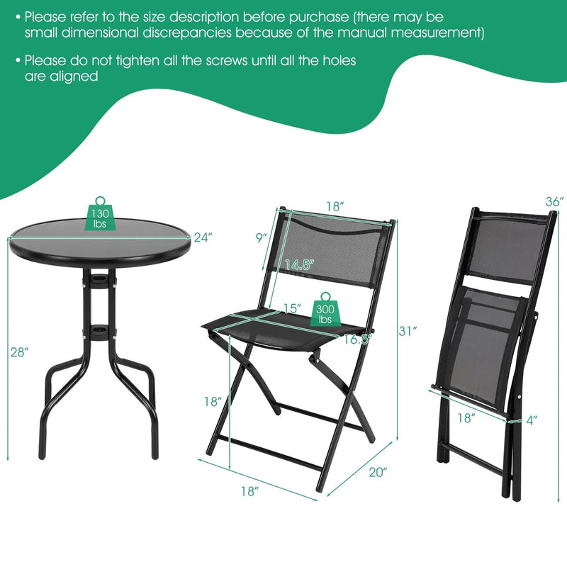 3 Pieces Folding Bistro Table Chairs Set for Indoor and Outdoor by DirectDeals