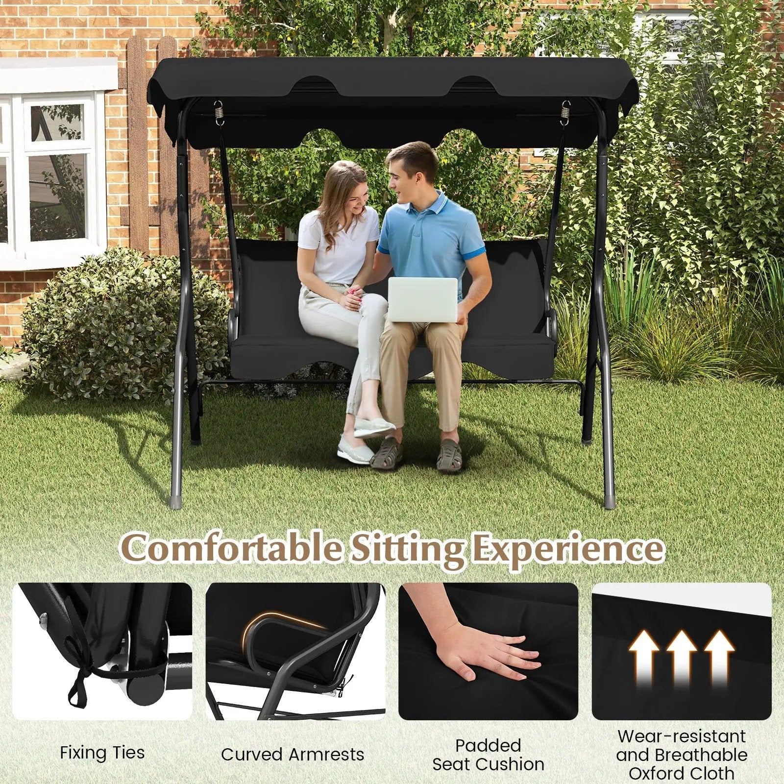 3 Seat Outdoor Patio Canopy Swing with Cushioned Steel Frame-Blue by DirectDeals