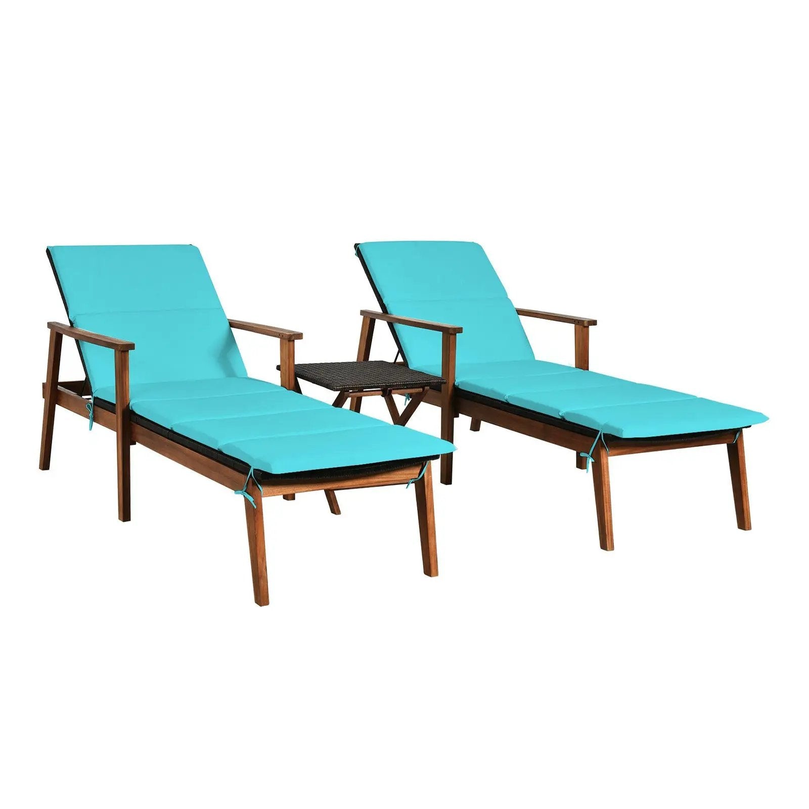 3 Pieces Portable Patio Cushioned Rattan Lounge Chair Set with Folding Table by DirectDeals