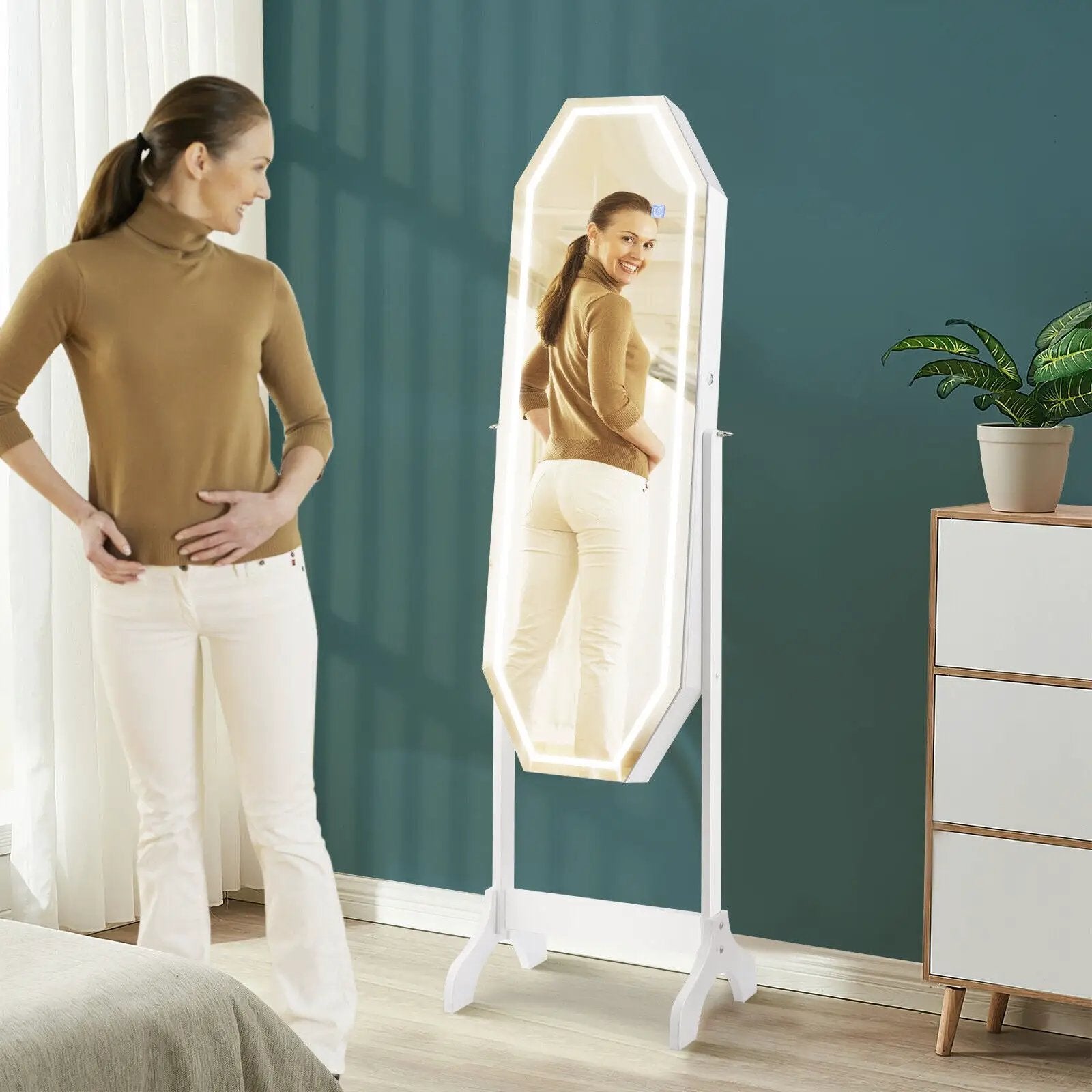 Standing Jewelry Cabinet Armoire Organizer LED Light Mirror Lockable White by DirectDeals