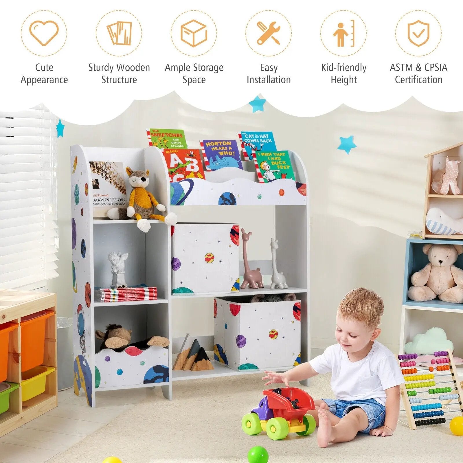 Kids Toy and Book Organizer Children Wooden Storage Cabinet with Storage Bins by DirectDeals