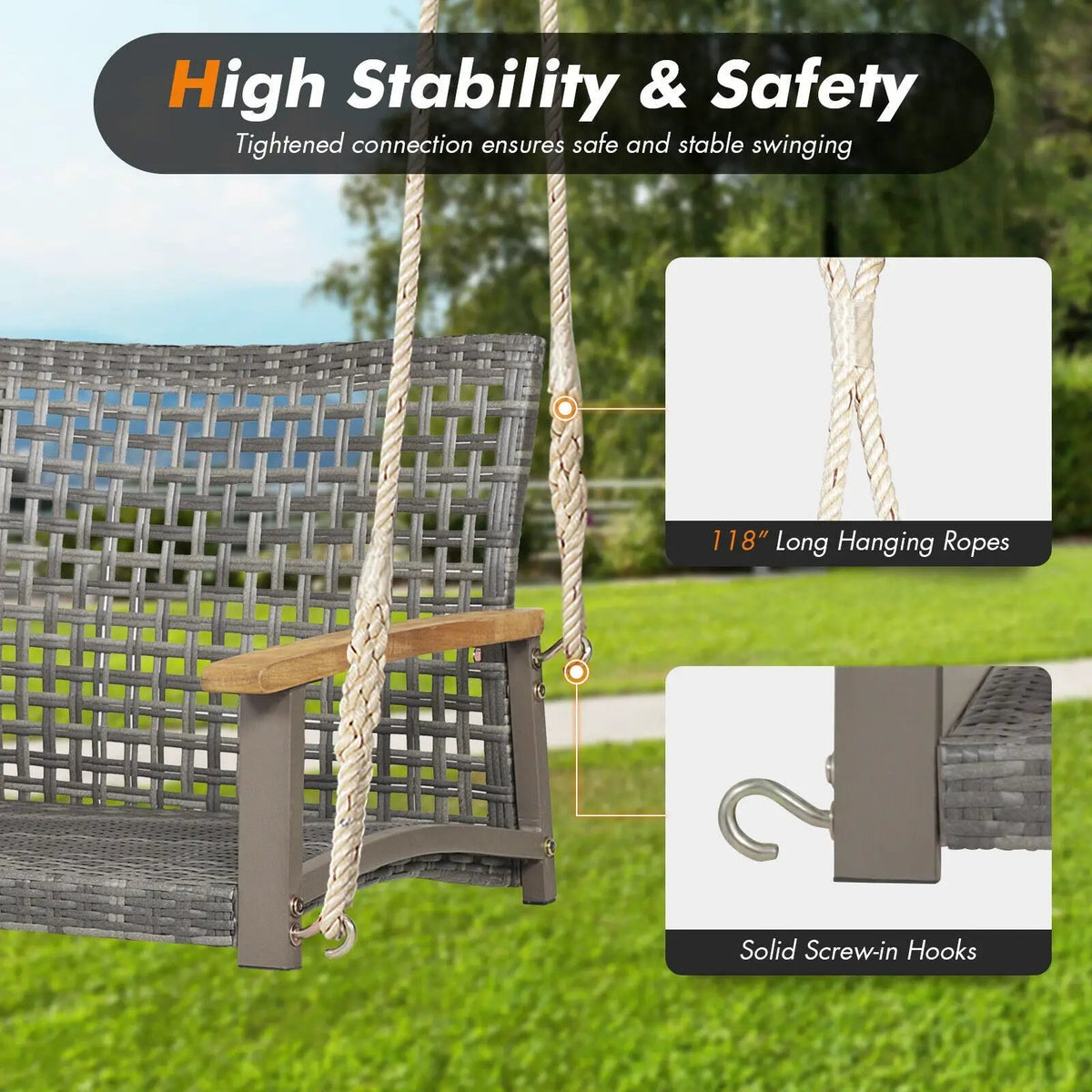 2-Person Patio Wicker Hanging Swing Chair, photo 9 of 10