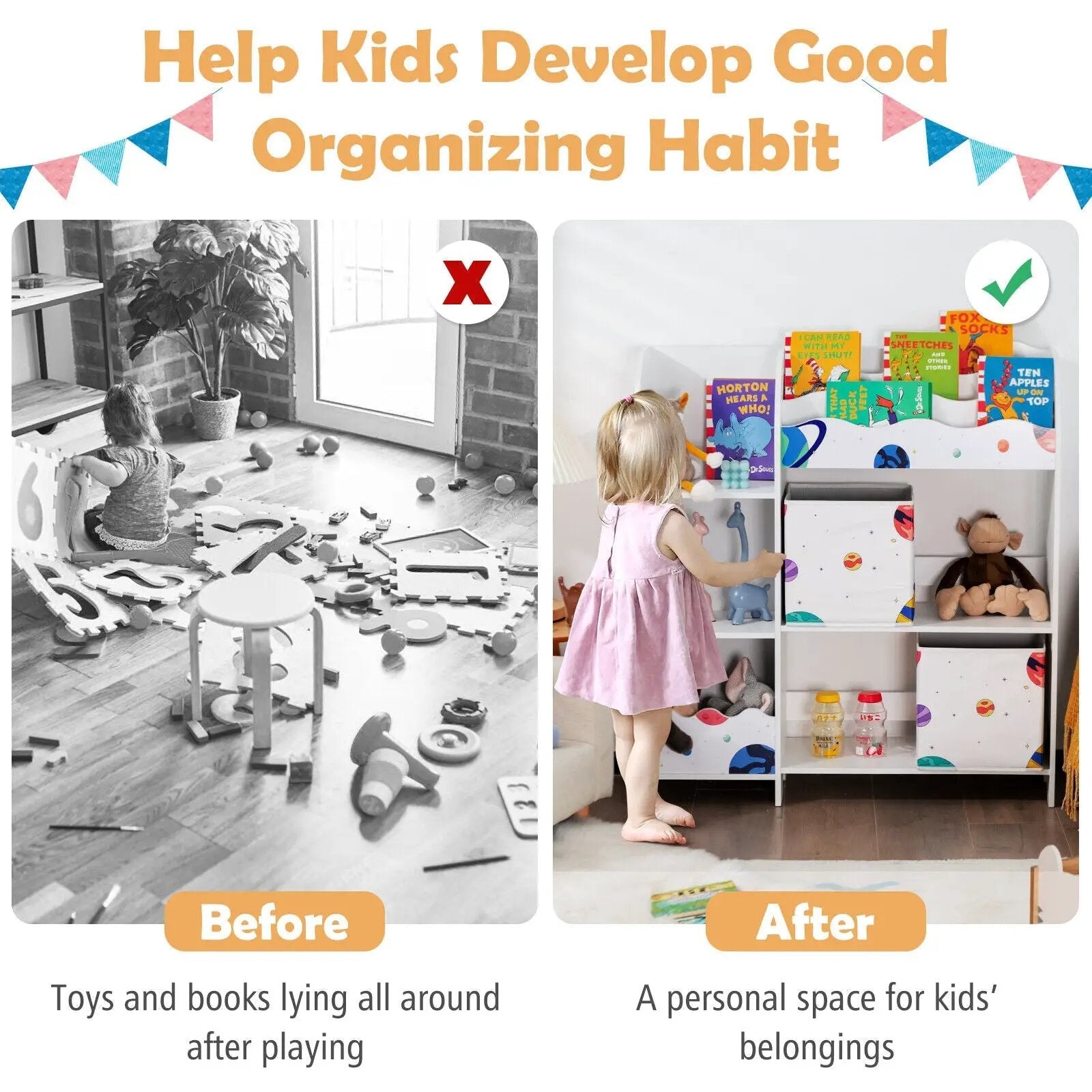 Kids Toy and Book Organizer Children Wooden Storage Cabinet with Storage Bins by DirectDeals
