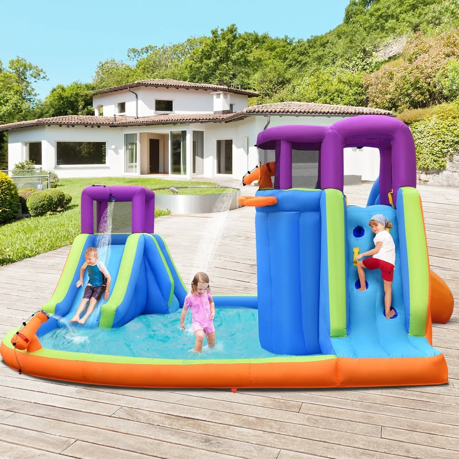 6-in-1 Inflatable Dual Water Slide Bounce House Without Blower by DirectDeals