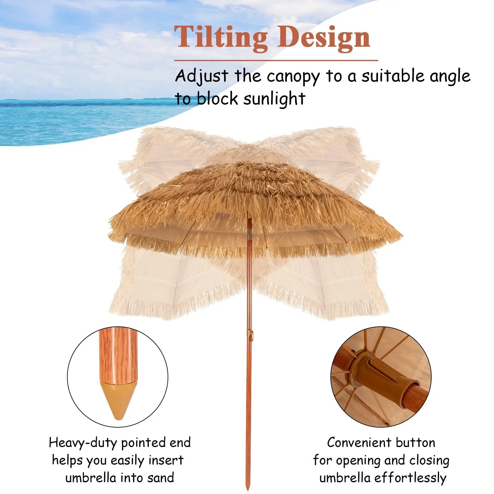 6.5 Feet Portable Thatched Tiki Beach Umbrella with Adjustable Tilt by DirectDeals