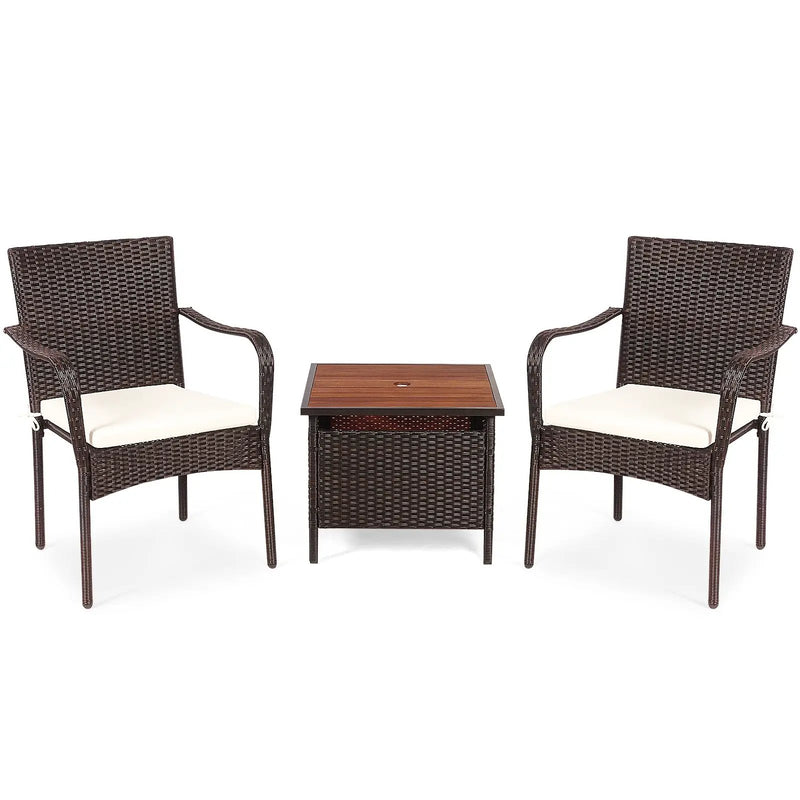 3 Pieces Patio Rattan Furniture Bistro Set with Wood Side Table and Stackable Chair by DirectDeals