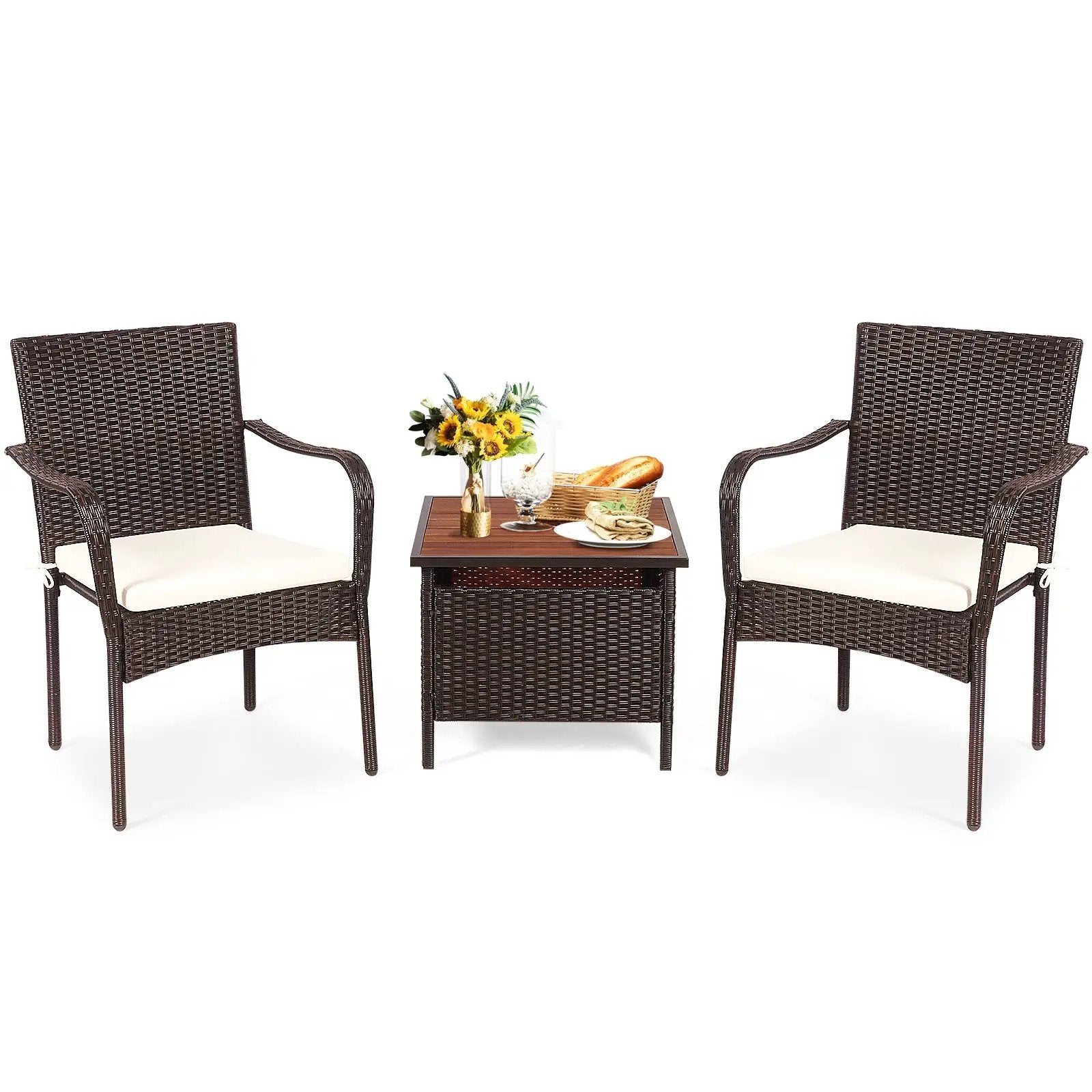 3 Pieces Patio Rattan Furniture Bistro Set with Wood Side Table and Stackable Chair by DirectDeals