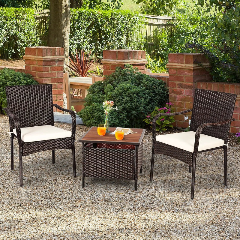 3 Pieces Patio Rattan Furniture Bistro Set with Wood Side Table and Stackable Chair by DirectDeals