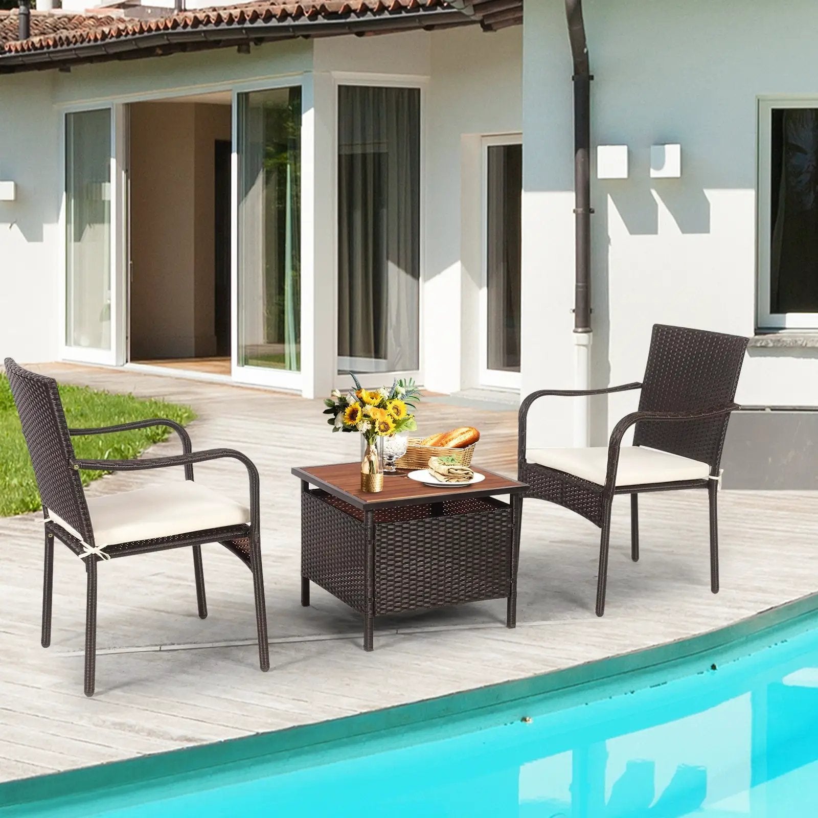 3 Pieces Patio Rattan Furniture Bistro Set with Wood Side Table and Stackable Chair by DirectDeals