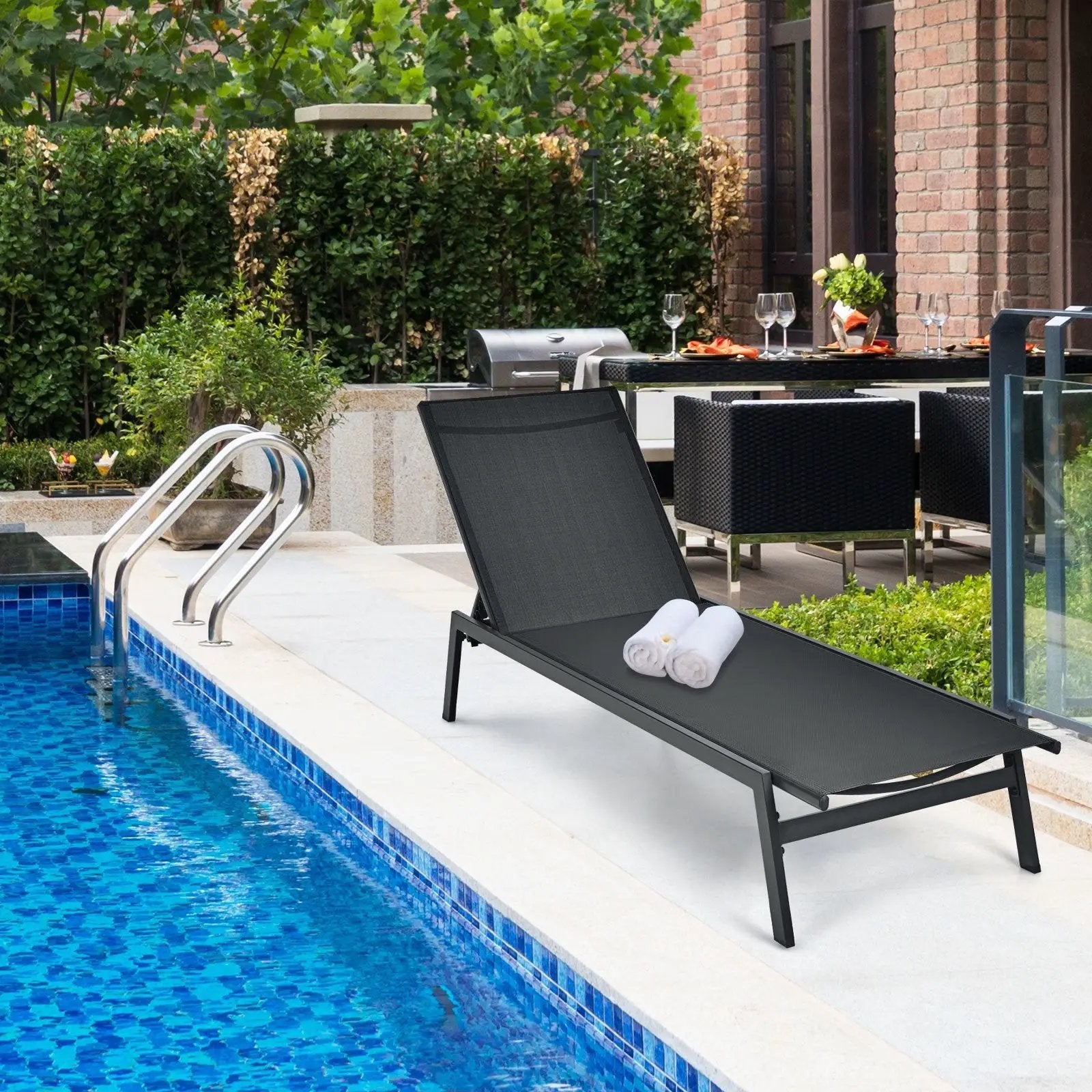 Outdoor Reclining Chaise Lounge Chair with 6-Position Adjustable Back by DirectDeals