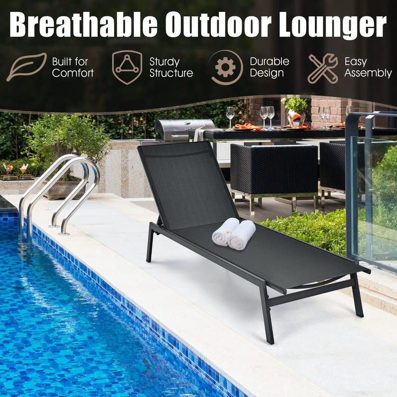 Outdoor Reclining Chaise Lounge Chair with 6-Position Adjustable Back by DirectDeals