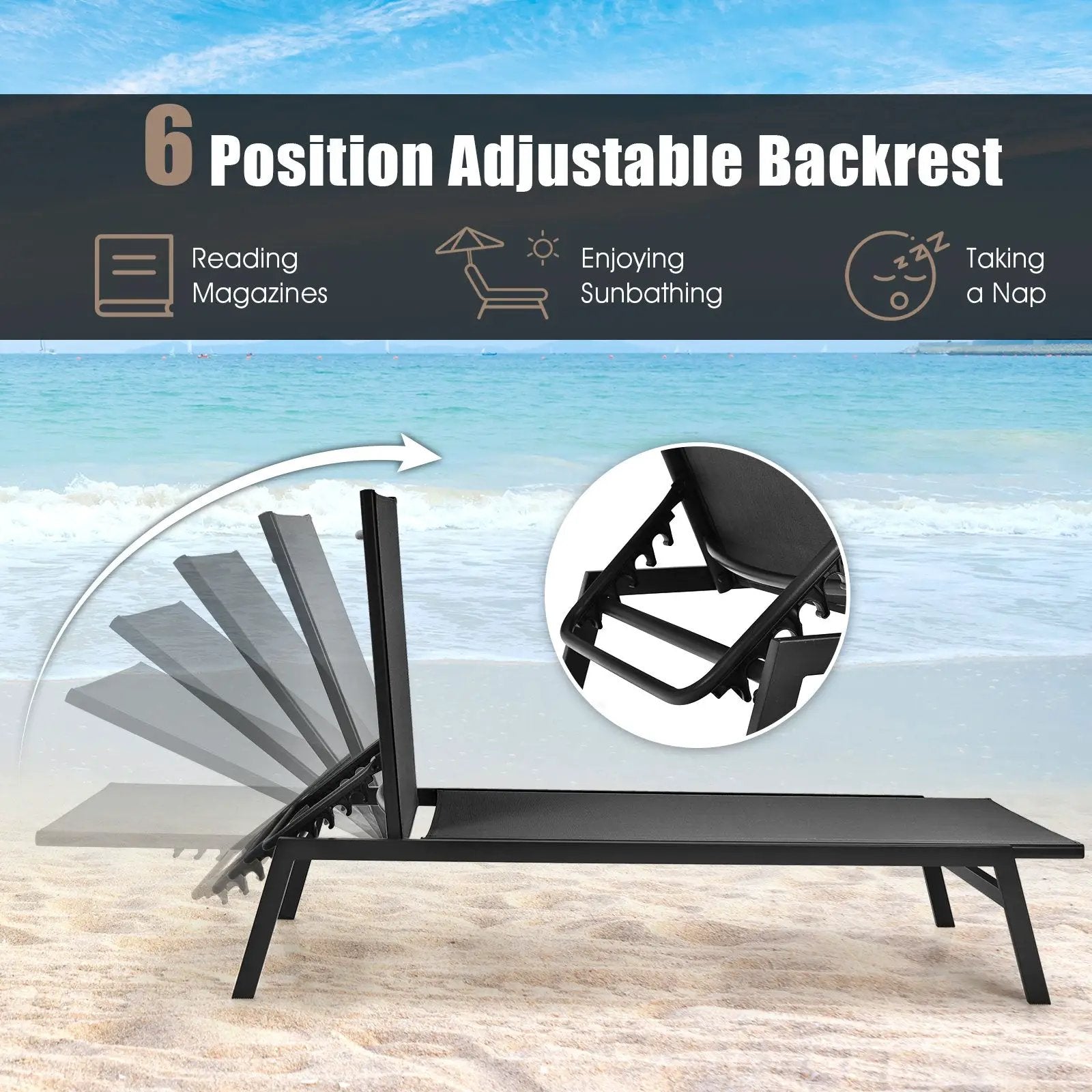 Outdoor Reclining Chaise Lounge Chair with 6-Position Adjustable Back by DirectDeals