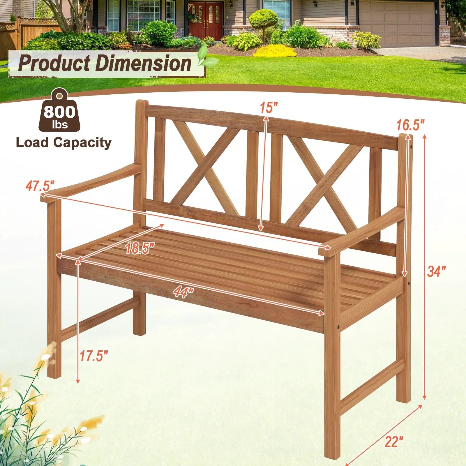 2-Person Wood Outdoor Bench with Cozy Armrest and Backrest by DirectDeals