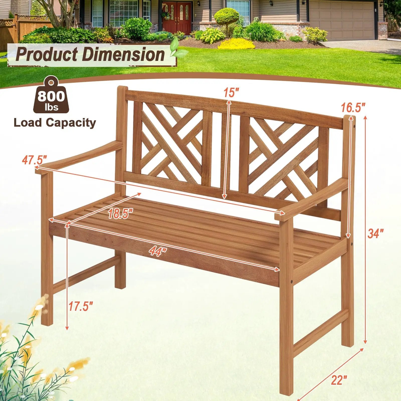 2-Person Wooden Outdoor Bench with Cozy Armrest and Backrest by DirectDeals