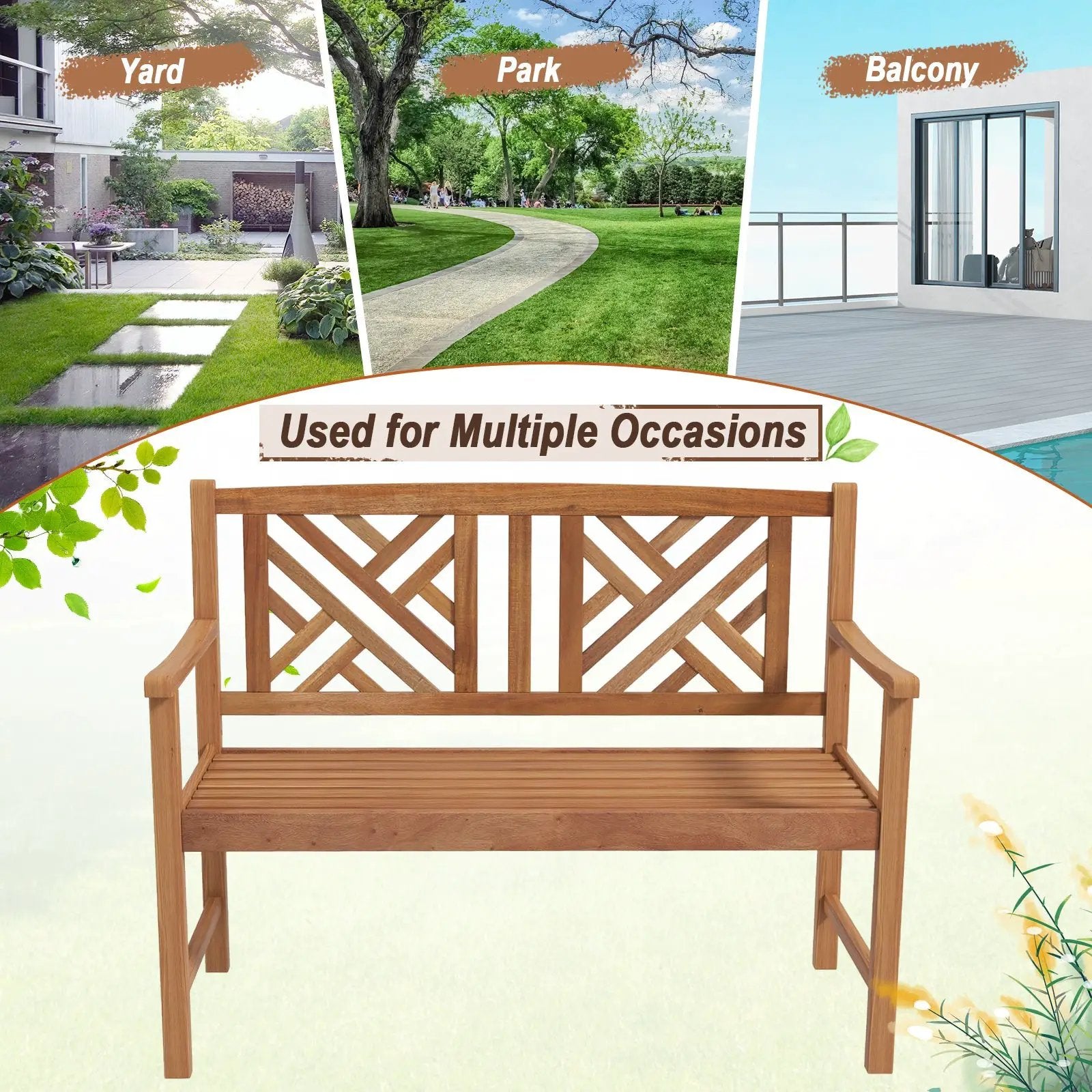 2-Person Wooden Outdoor Bench with Cozy Armrest and Backrest by DirectDeals