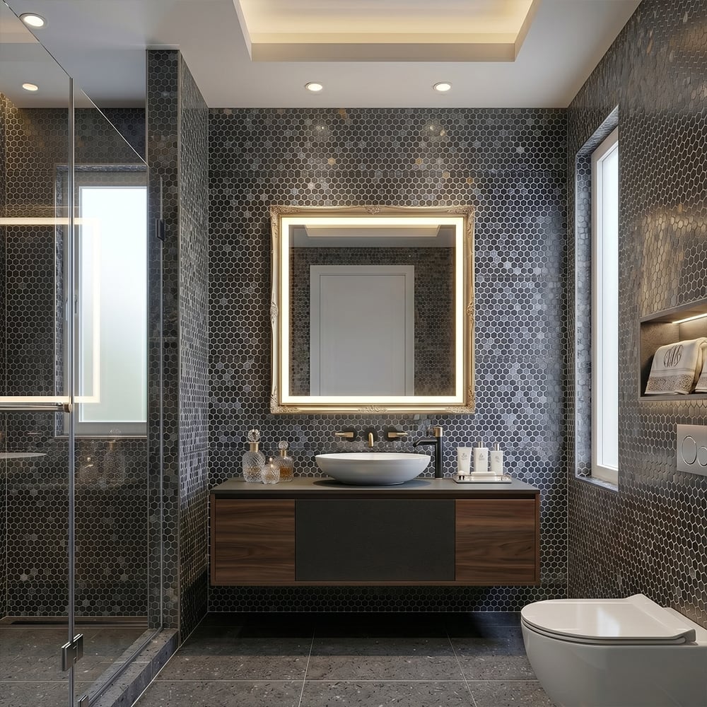 Opalo Black Multi Finish Hexagon Glass Mosaics 11 3/4x11 1/2 Glass Multi Finish 12x12 Mosaics — 2