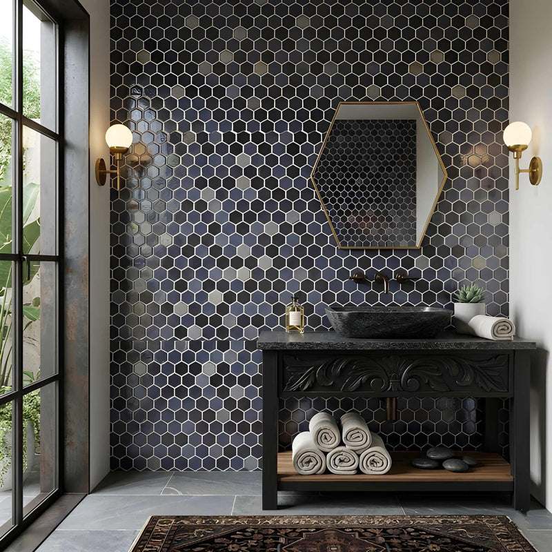 Opalo Black Multi Finish Hexagon Glass Mosaics 11 3/4x11 1/2 Glass Multi Finish 12x12 Mosaics — 3