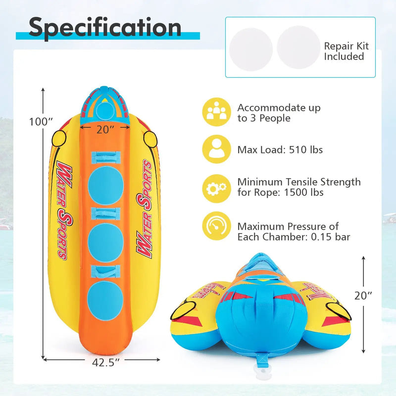 3-Person Inflatable Banana Boat with 3 EVA-padded Seats and Handles by DirectDeals
