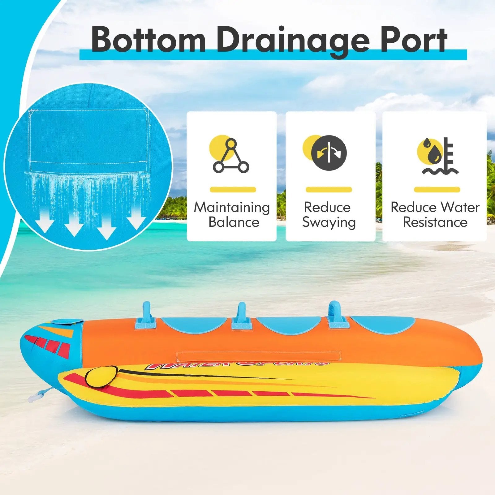3-Person Inflatable Banana Boat with 3 EVA-padded Seats and Handles by DirectDeals