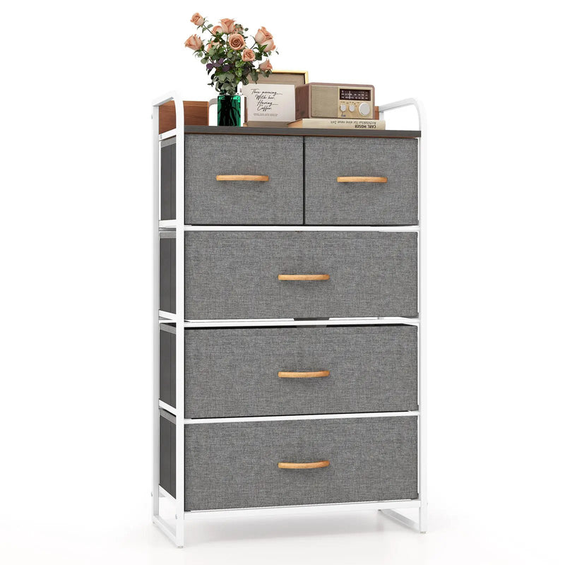 4-Tier Organizer Tower Steel Frame Wooden Top Storage with 5-Drawer Dresser by DirectDeals