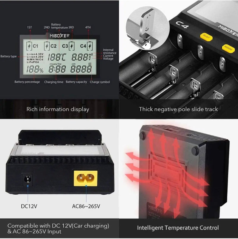 Original MiBOXER Smart Universal 4-Bay Charger, Automatic LCD Display,Fast Charging Rechargeable Li-ion LiFePO4 Ni-MH Ni-Cd AA AAA by Outdoor Solar Outlet