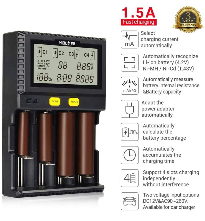 Original MiBOXER Smart Universal 4-Bay Charger, Automatic LCD Display,Fast Charging Rechargeable Li-ion LiFePO4 Ni-MH Ni-Cd AA AAA by Outdoor Solar Outlet