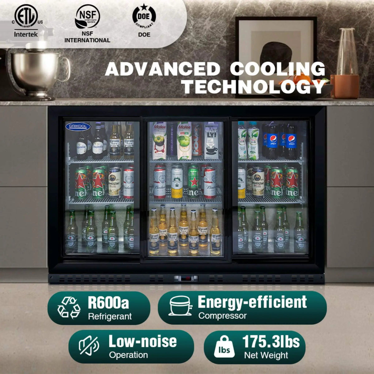 Orikool 53-Inch Energy Efficient Commercial Back Bar Drink Cooler With LED Lighting And 3 Glass Doors (SAK12097) by SAKSBY WHOLESALE