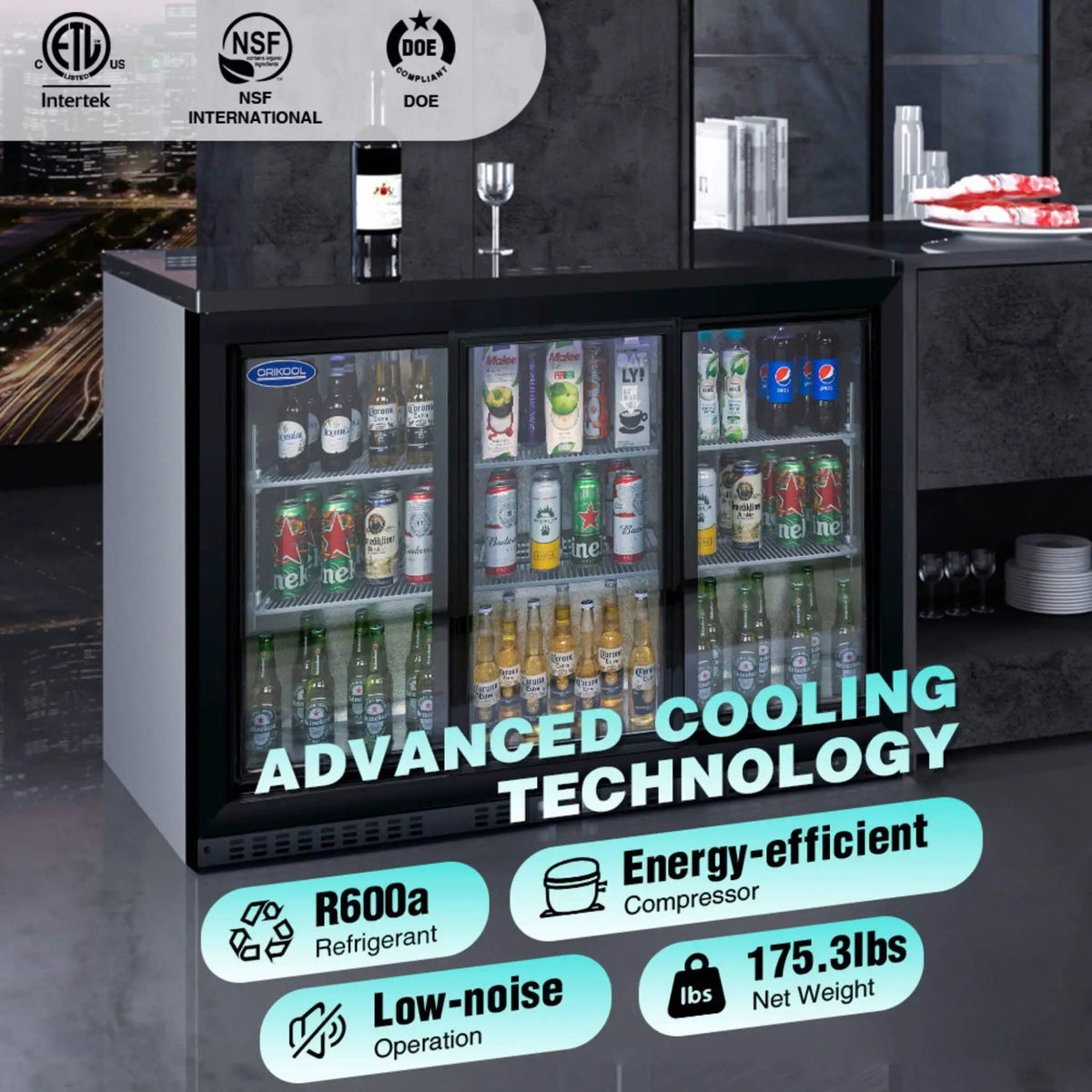 Orikool 53-Inch Energy Efficient Commercial Back Bar Drink Cooler With LED Lighting And 3 Glass Doors (SAK12097) by SAKSBY WHOLESALE