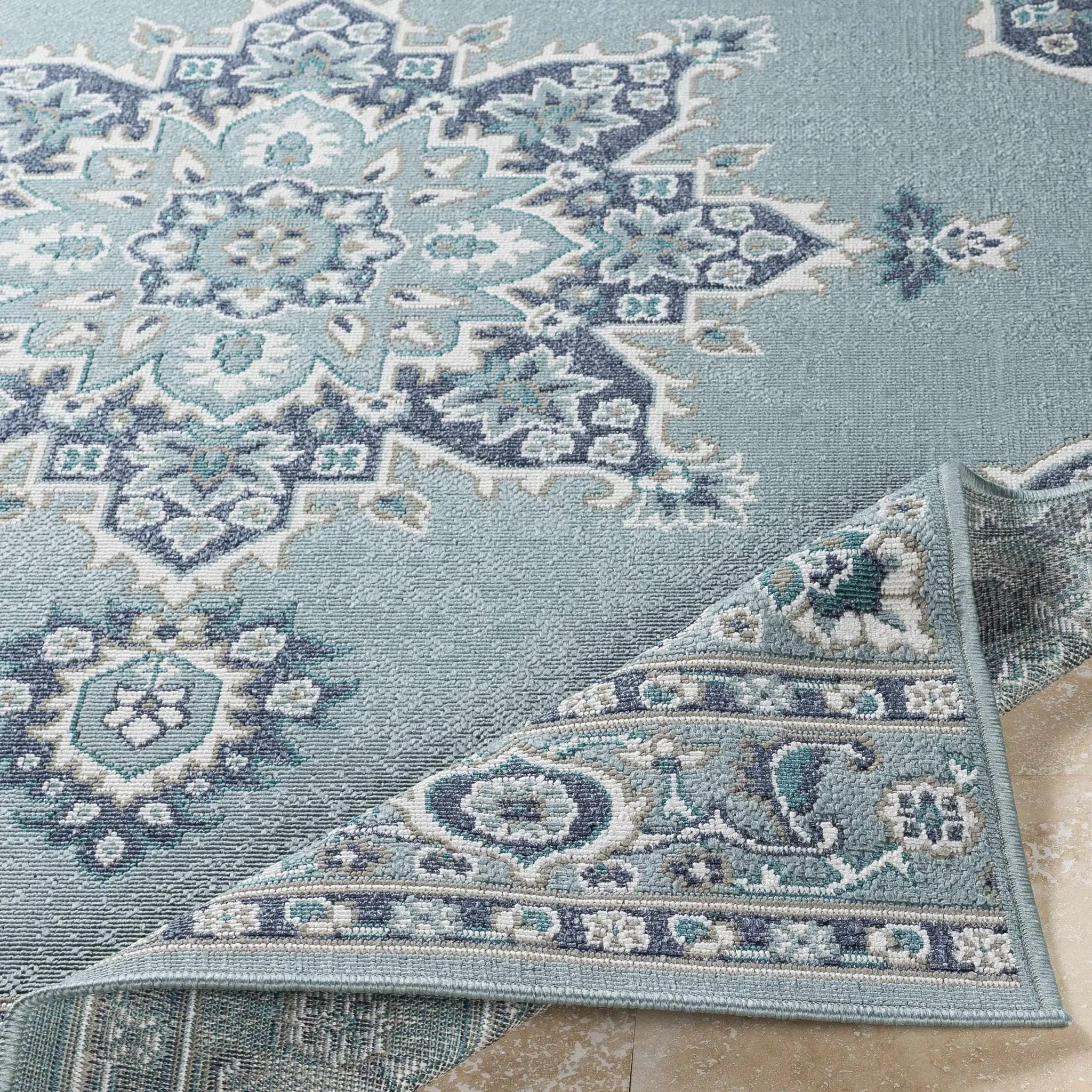 Orla Pale Blue Medallion Outdoor Area Rug - Clearance by Boutique Rugs