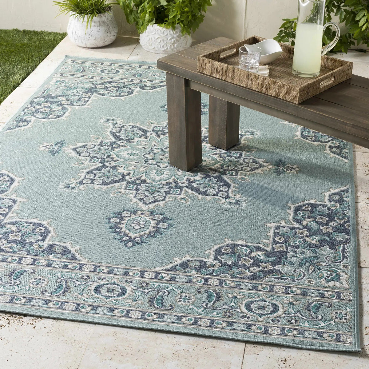 Orla Pale Blue Medallion Outdoor Area Rug - Clearance, installed in a room 2