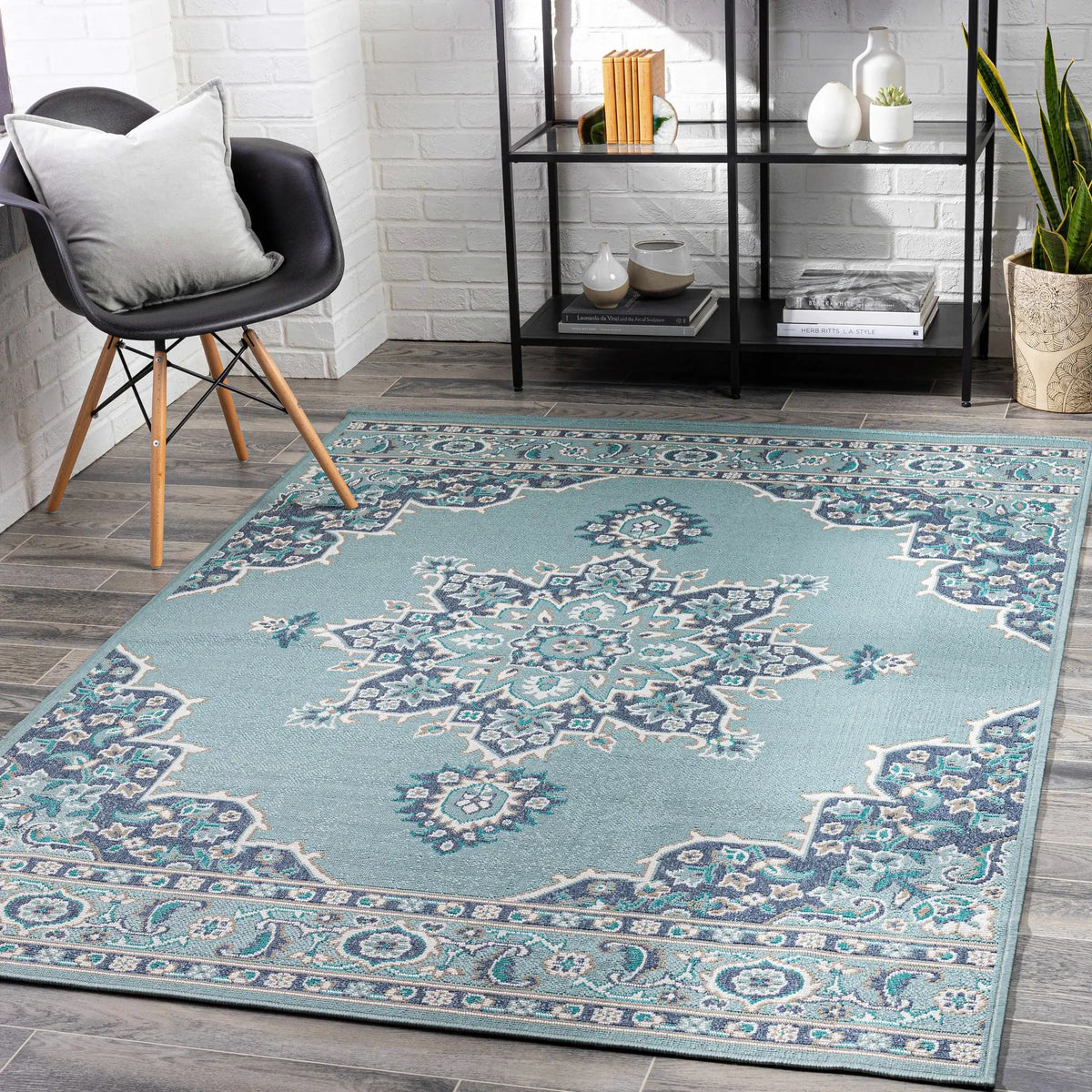 Orla Pale Blue Medallion Outdoor Area Rug - Clearance, installed in a room