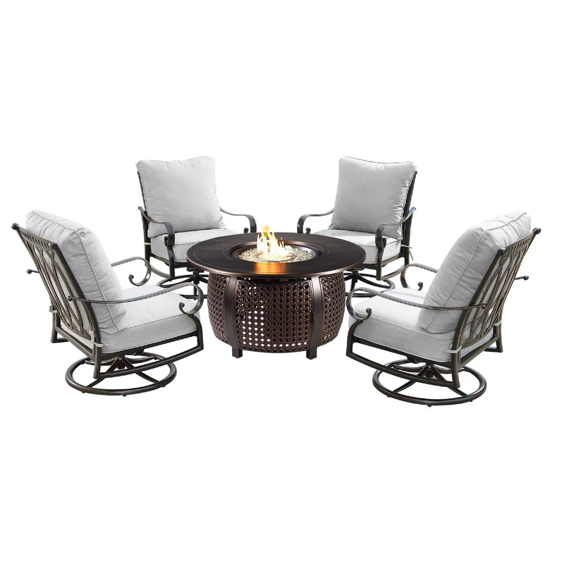 Aluminum 44-in Round Patio Fire Table Set with Swivel Rocking Chairs by Sharicks