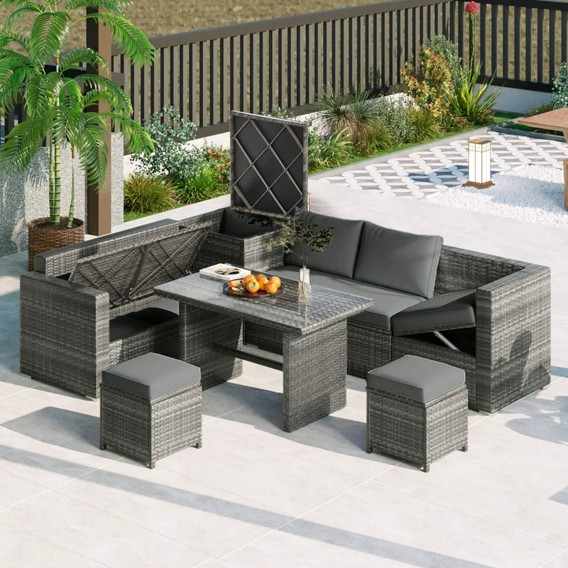 Alora Outdoor 6-Piece All-Weather PE Rattan Sofa Set With Adjustable Seat, Storage Box, Removable Covers, And Tempered Glass Table Top (SAK37221) by SAKSBY WHOLESALE
